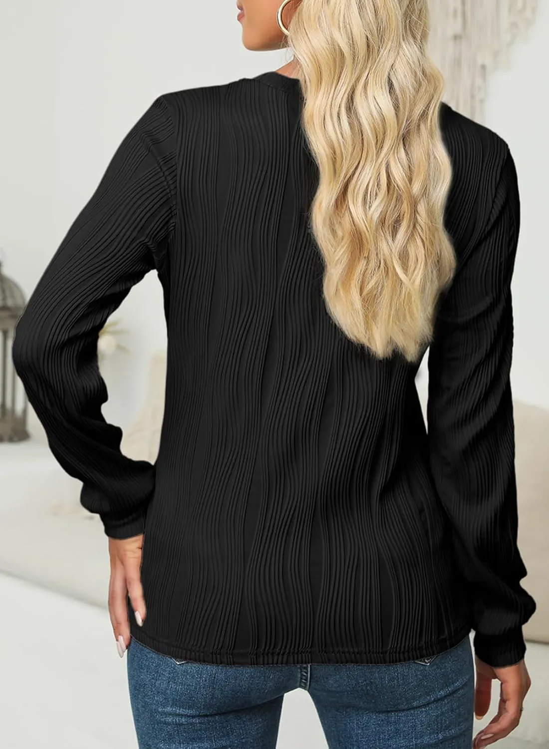 EVALESS Womens Tops Trendy Dressy Casual Long Sleeve Crewneck Basic T Shirts Solid Loose Textured Blouses Outfits