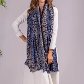 French Blue Leopard Print Pashmina Cashmere Shawl