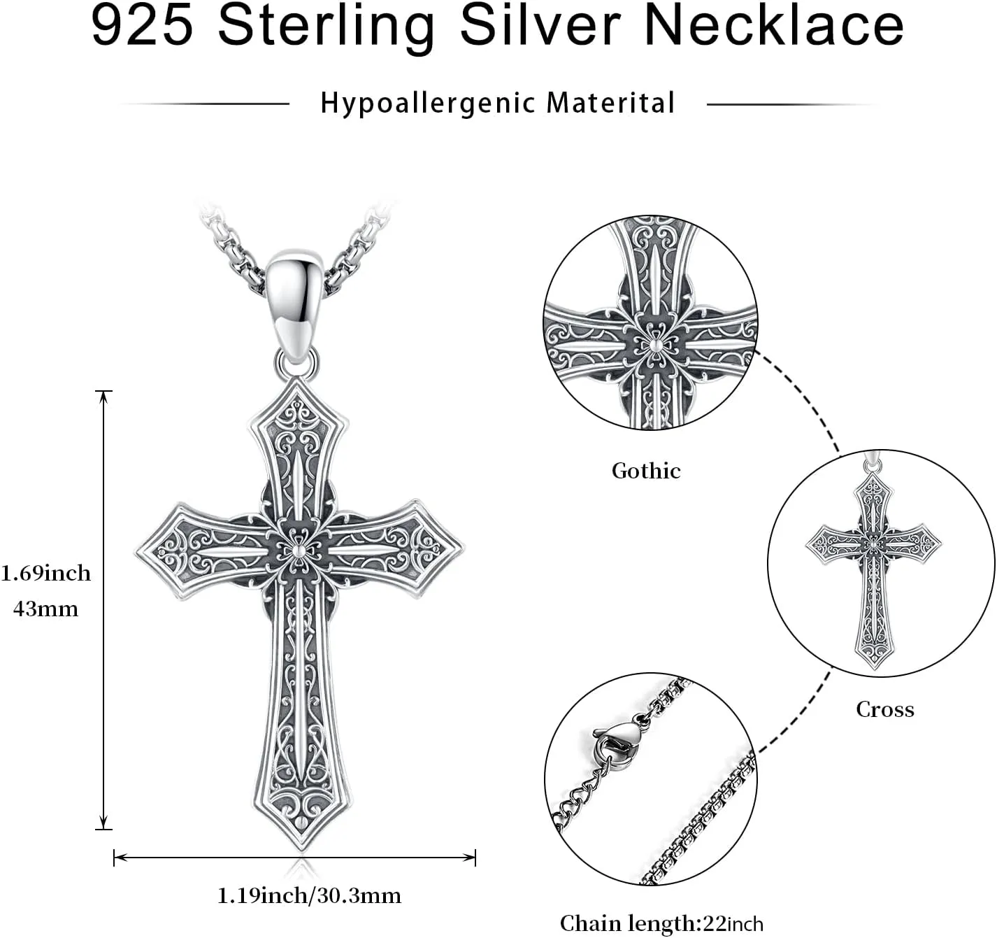 Gothic Cross/Crucifix/Celtic Cross/Virgin Mary/Heart/Flower Cross Necklace for Men Women 925 Sterling Silver Unisex Cross Pendant Christian Jewelry Christmas Gifts