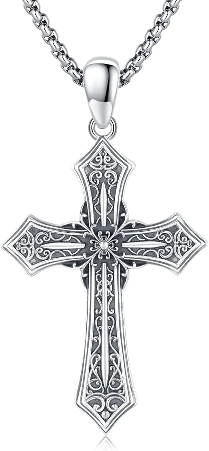 Gothic Cross/Crucifix/Celtic Cross/Virgin Mary/Heart/Flower Cross Necklace for Men Women 925 Sterling Silver Unisex Cross Pendant Christian Jewelry Christmas Gifts