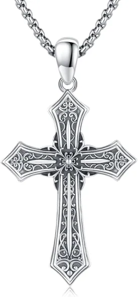 Gothic Cross/Crucifix/Celtic Cross/Virgin Mary/Heart/Flower Cross Necklace for Men Women 925 Sterling Silver Unisex Cross Pendant Christian Jewelry Christmas Gifts
