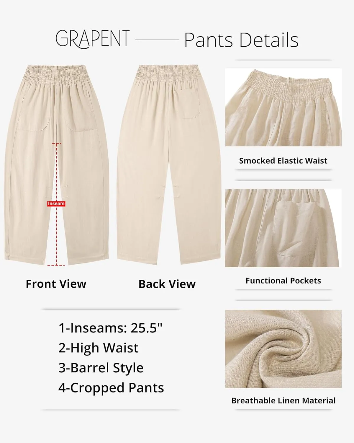 GRAPENT Linen Pants Women Wide Leg High Waisted Cropped Barrel Pull On Smocked Elastic Waist Summer Pants with Pockets