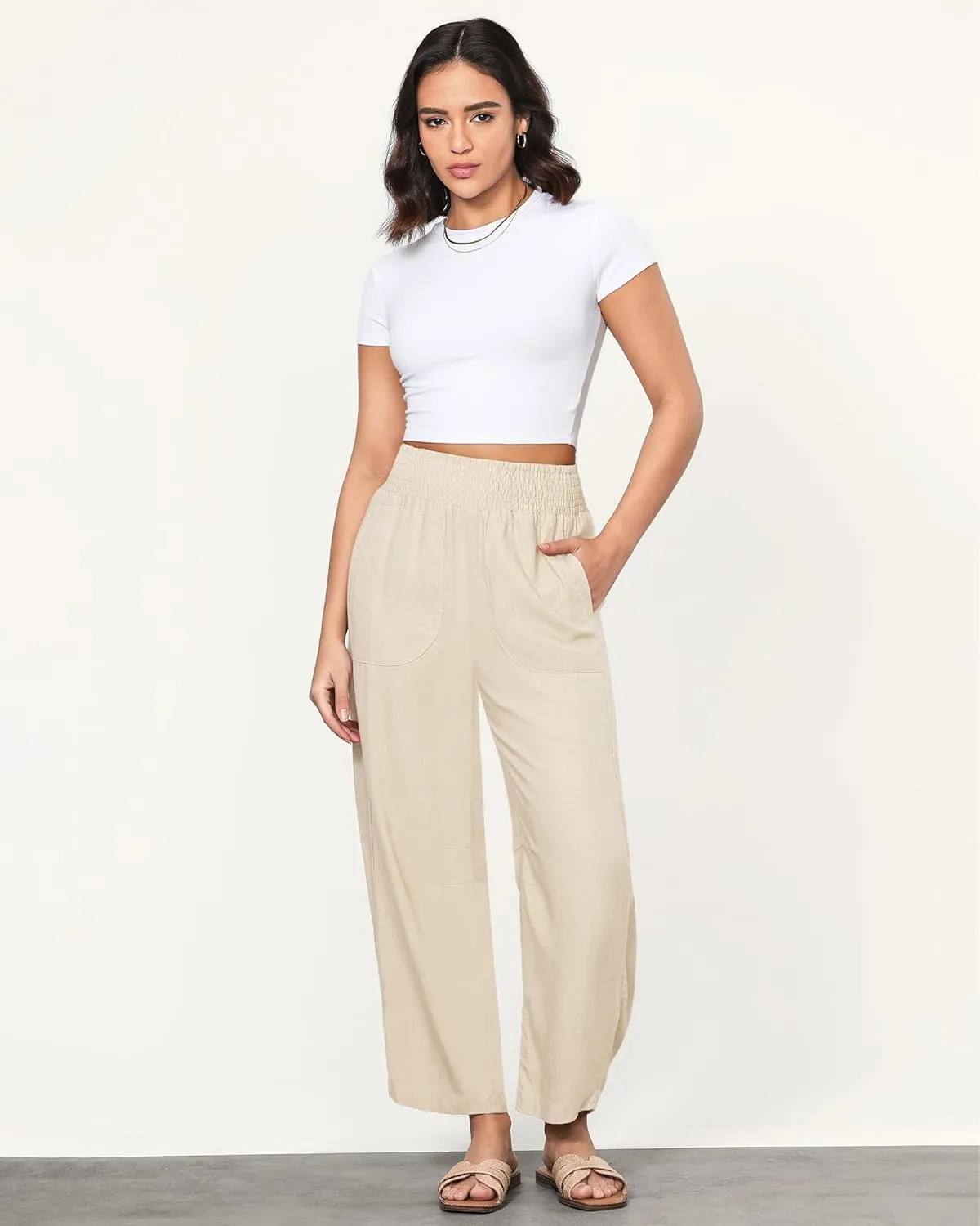 GRAPENT Linen Pants Women Wide Leg High Waisted Cropped Barrel Pull On Smocked Elastic Waist Summer Pants with Pockets