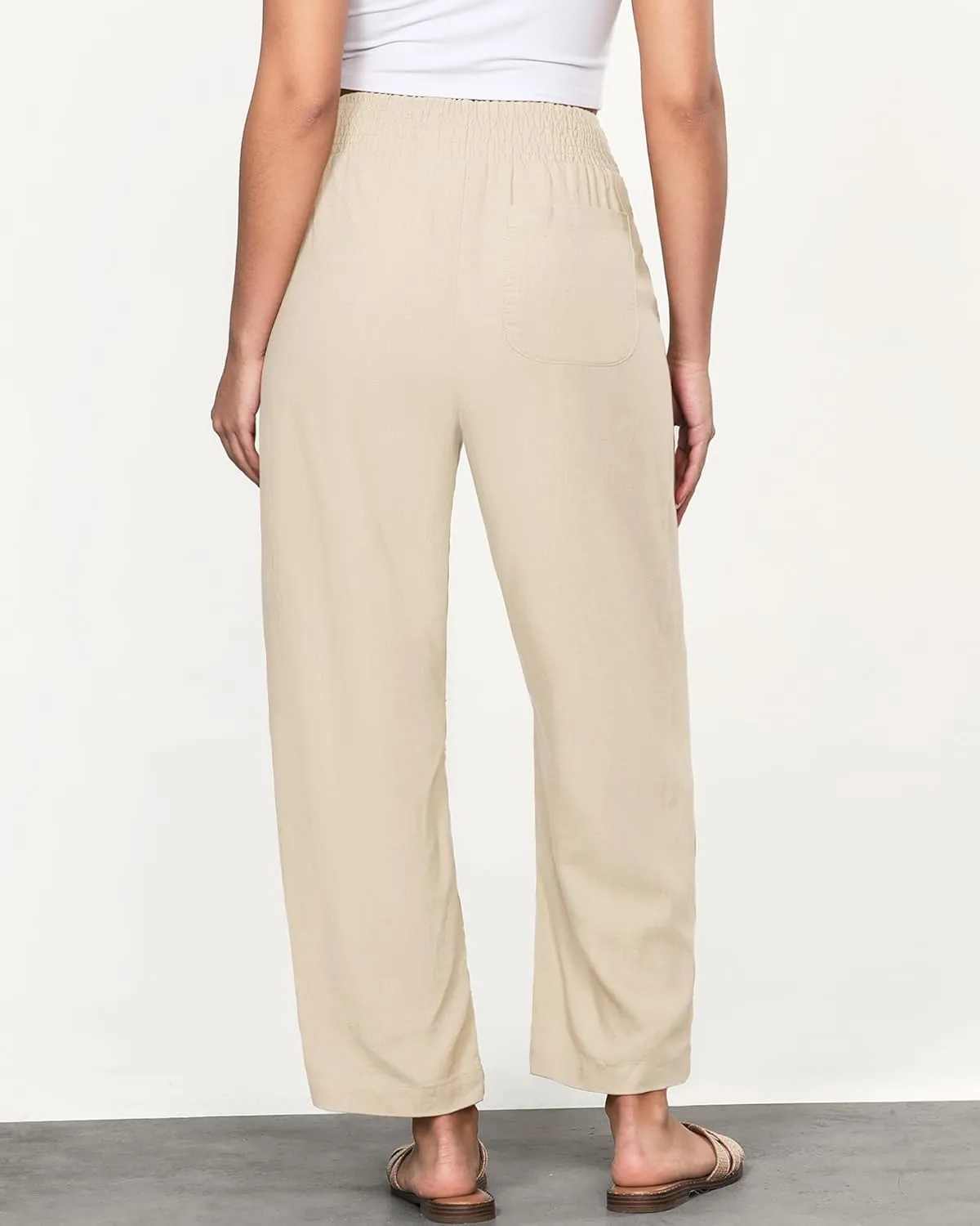 GRAPENT Linen Pants Women Wide Leg High Waisted Cropped Barrel Pull On Smocked Elastic Waist Summer Pants with Pockets