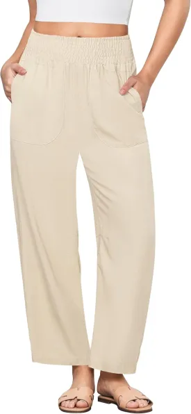 GRAPENT Linen Pants Women Wide Leg High Waisted Cropped Barrel Pull On Smocked Elastic Waist Summer Pants with Pockets