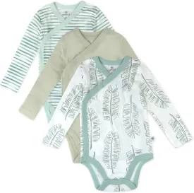 HonestBaby 3-Pack Organic Cotton Long Sleeve Side-Snap Kimono Onesies Bodysuits, Jumbo Leaf Sage, 0-3 Months