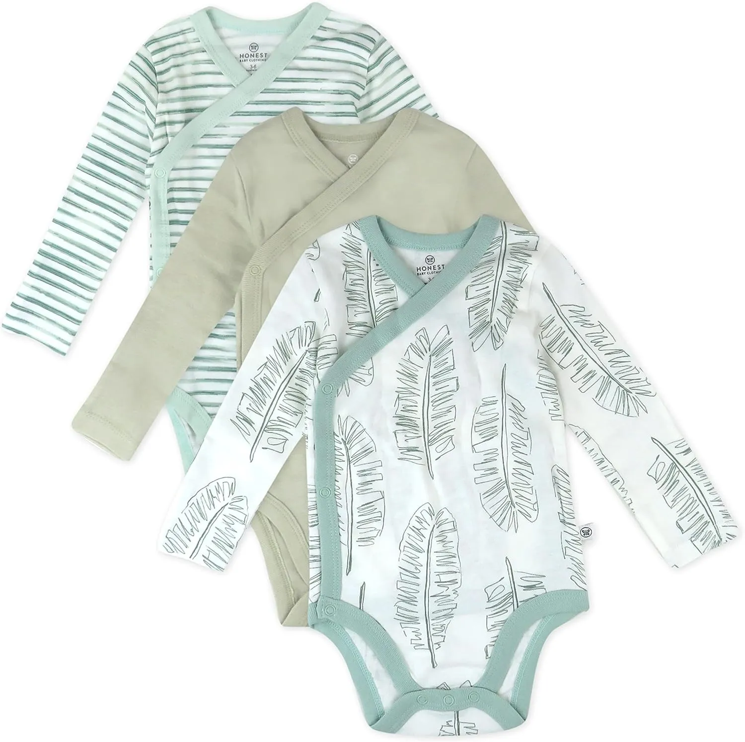 HonestBaby 3-Pack Organic Cotton Long Sleeve Side-Snap Kimono Onesies Bodysuits, Jumbo Leaf Sage, 0-3 Months
