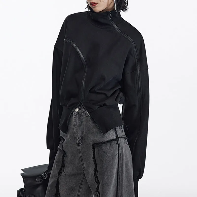 Irregular Zipper Placket Short Sweatshirt