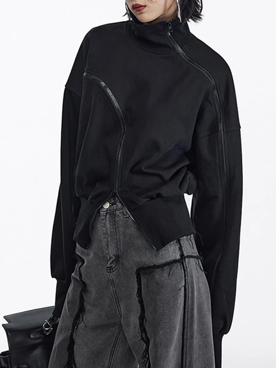 Irregular Zipper Placket Short Sweatshirt