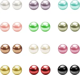 JewelrieShop Fake Pearl Earrings Stud Set Faux Colorful Pearls Earring Pack for Women Hypoallergenic Stainless Steel Ball Studs Earing for Women Jewelry (12pairs, Assorted Size)