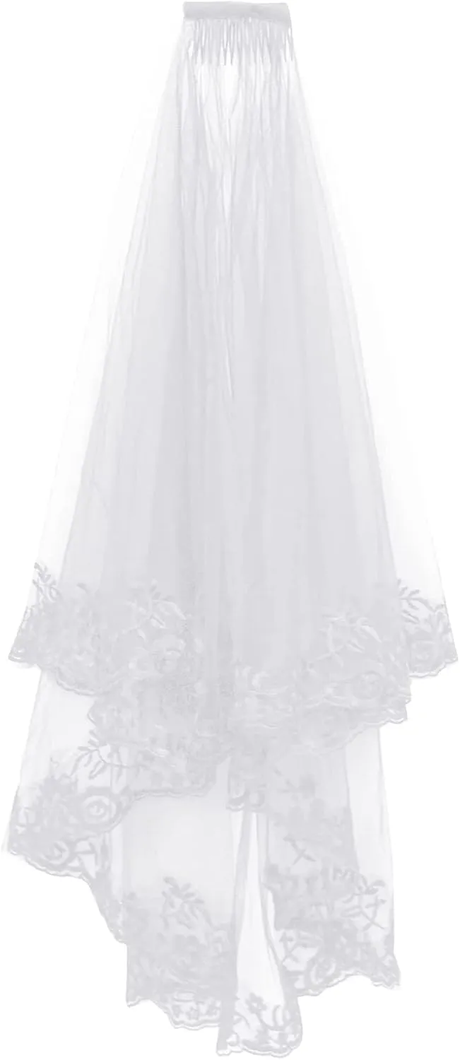 jiebor White Lace Veil Bridal Wedding Veils Halloween Veil for Women Brides Wedding Bridal Shower