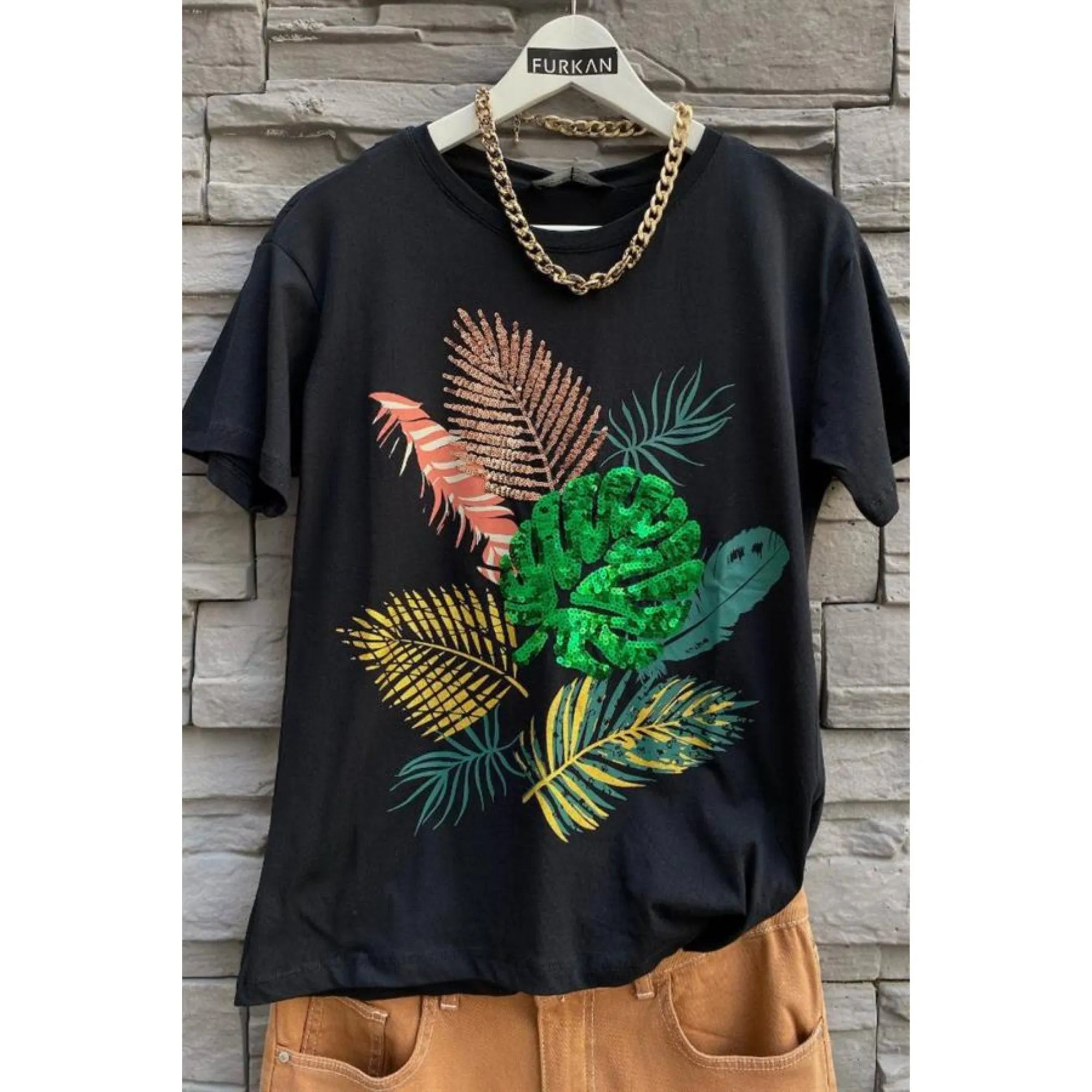 Leaf Pattern Sequin Embroidered Cotton T-Shirt, Cotton Blouse,Vintage T-shirt, Gift For Her,Boho T-shirt,Woman Shirts