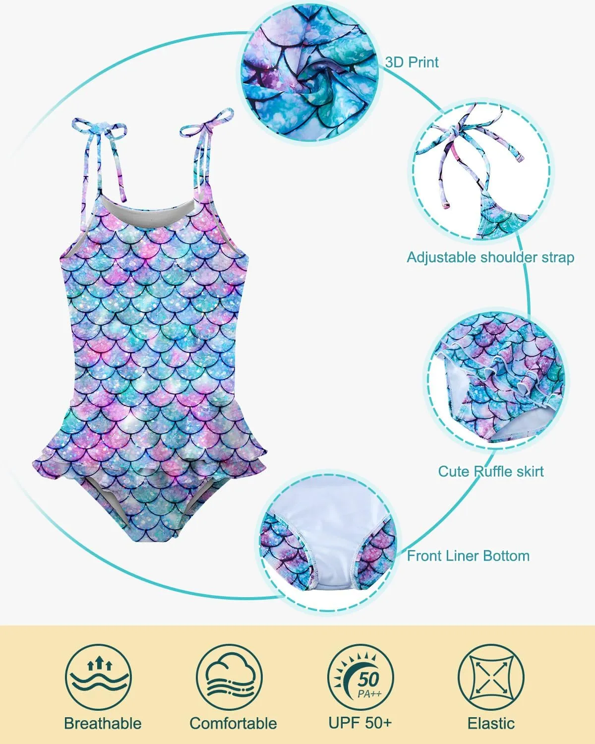 Lovekider Girls Swimsuit One-Piece Adjustable Straps Swimwear Ruffled Tankini Bathing Suit with Sun Protection 2-9 Years Old