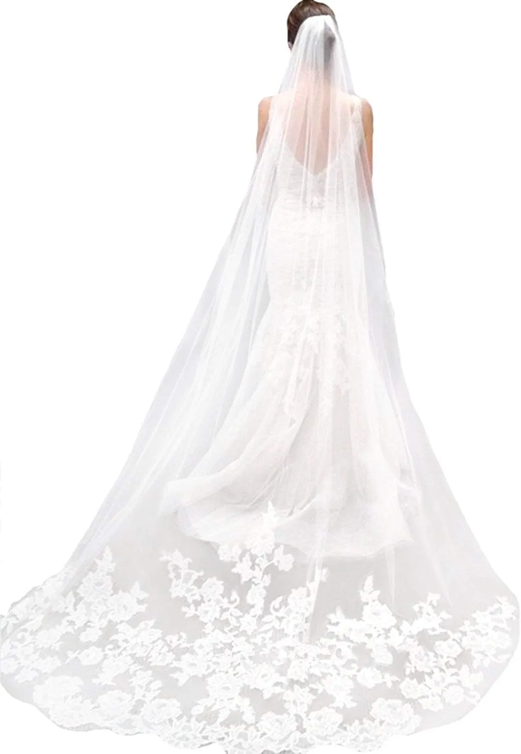 MisShow White Ivory Wedding Veils Lace Edge Cathedral Length Wedding Bridal Veil with Comb for Women, 118 Inches
