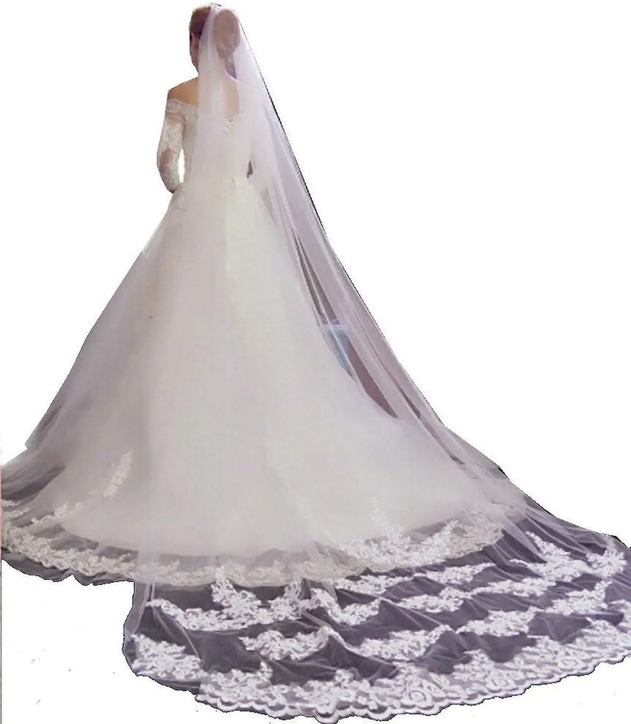 MisShow White Ivory Wedding Veils Lace Edge Cathedral Length Wedding Bridal Veil with Comb for Women, 118 Inches