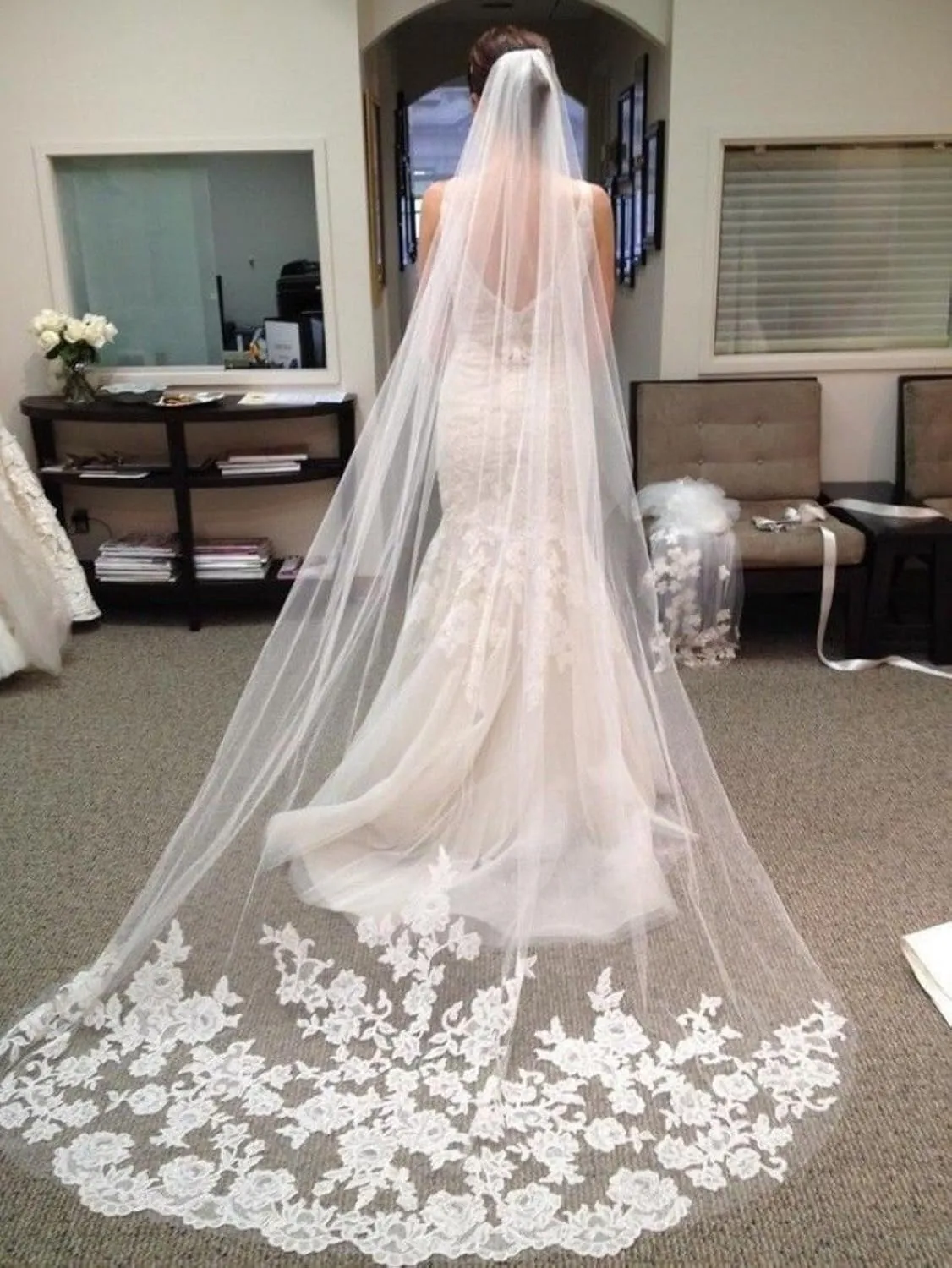 MisShow White Ivory Wedding Veils Lace Edge Cathedral Length Wedding Bridal Veil with Comb for Women, 118 Inches