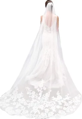 MisShow White Ivory Wedding Veils Lace Edge Cathedral Length Wedding Bridal Veil with Comb for Women, 118 Inches