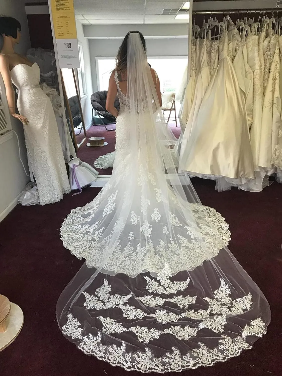MisShow White Ivory Wedding Veils Lace Edge Cathedral Length Wedding Bridal Veil with Comb for Women, 118 Inches