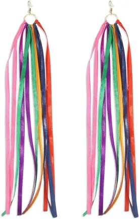 Rainbow Tassel Dangle Earrings for Women Girls Gold Plated Boho Handmade Colorful Ribbon Long Threader Round Drop Dangling Lightweight Statement Hoop Hook Earring Bohemian Vacation Holiday Party Jewelry