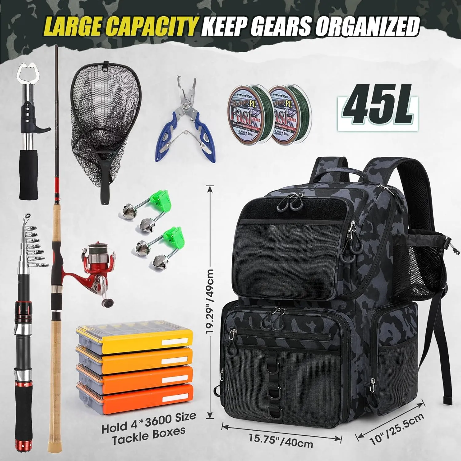 RAINSMORE 45L Fishing Backpack with Rod Holders & Rain Cover Large Water Resistant Fishing Tackle bag Store Fishing Gear
