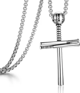 Rehoboth Baseball Bat Cross Pendant Necklace for Men Women with 22 2" Adjustable Stainless Steel Chain Black Gold Silver