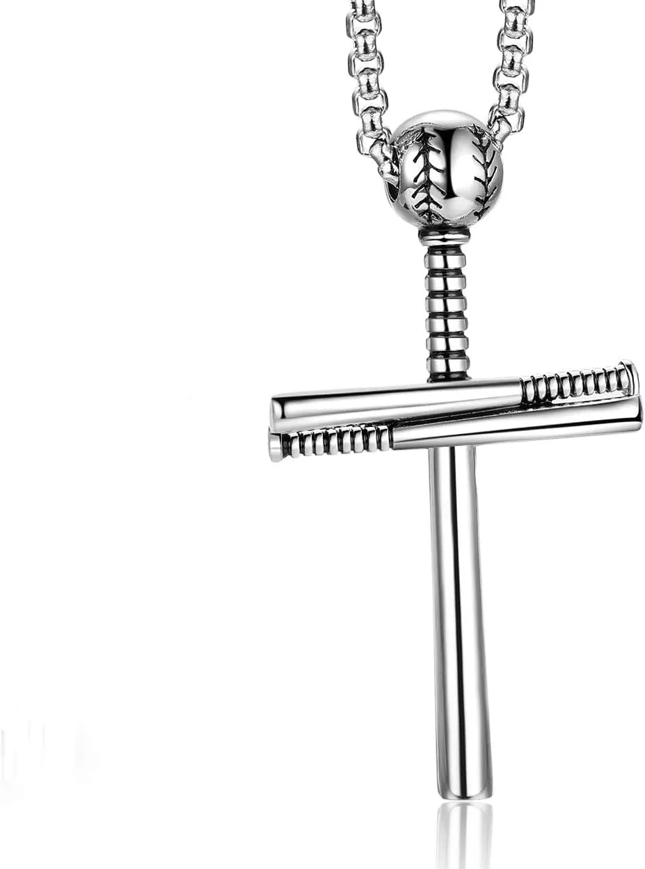 Rehoboth Baseball Bat Cross Pendant Necklace for Men Women with 22 2" Adjustable Stainless Steel Chain Black Gold Silver
