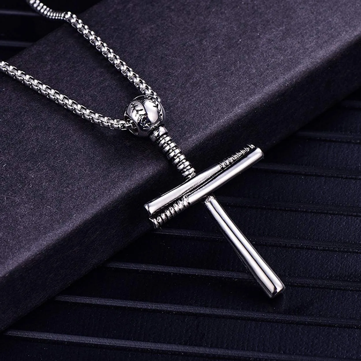 Rehoboth Baseball Bat Cross Pendant Necklace for Men Women with 22 2" Adjustable Stainless Steel Chain Black Gold Silver