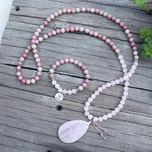 Rhodochrosite & Rose Quartz Bracelet with Charm/Necklace/Mala Set