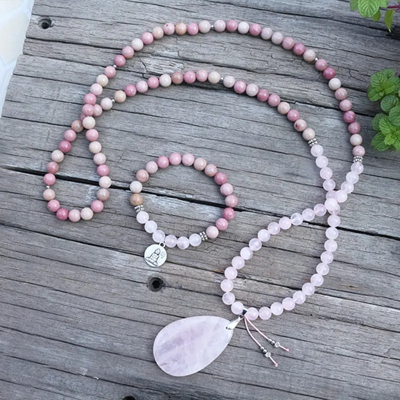 Rhodochrosite & Rose Quartz Bracelet with Charm/Necklace/Mala Set