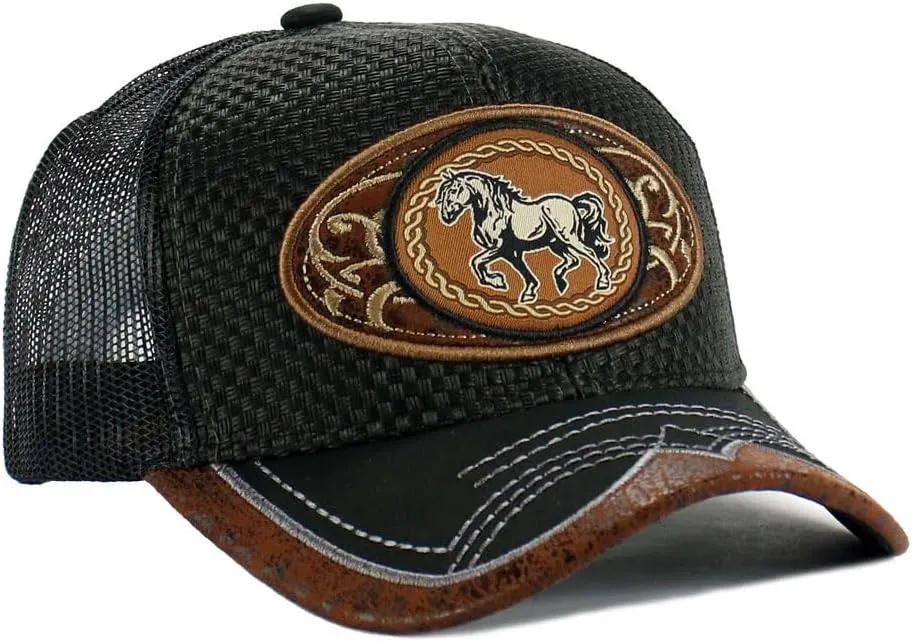 Rodeo Cowboy Straw Cap Hat Bull Rider/Horse Embroidered Mesh Trucker Western Style Snapback Baseball Cap