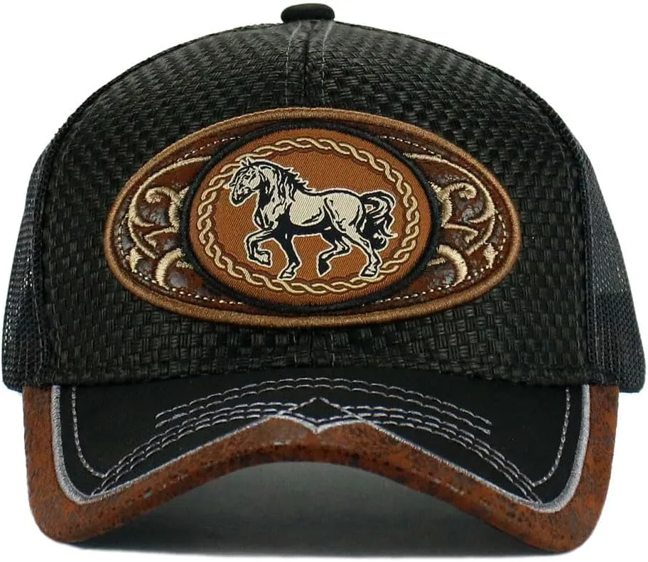 Rodeo Cowboy Straw Cap Hat Bull Rider/Horse Embroidered Mesh Trucker Western Style Snapback Baseball Cap