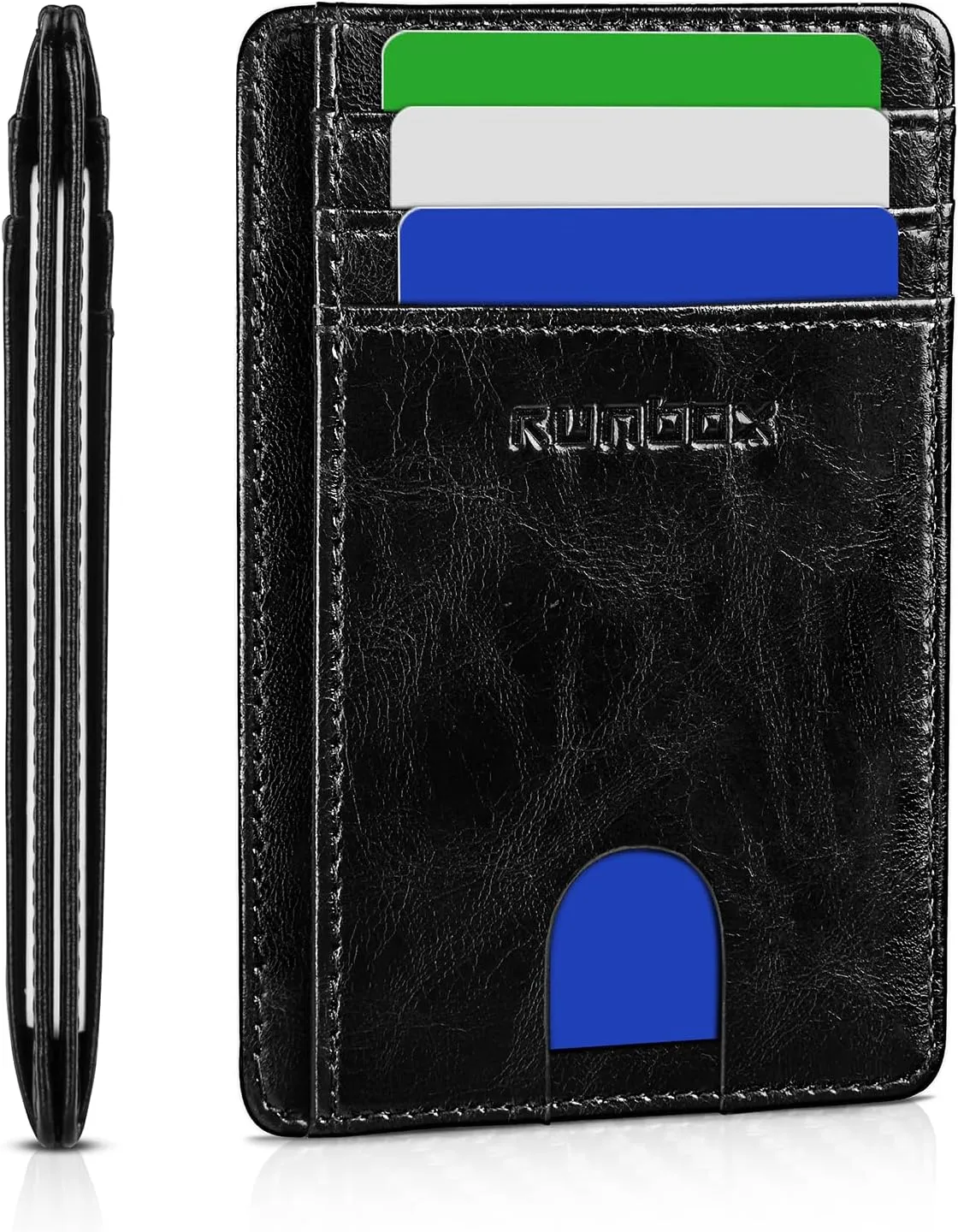 RUNBOX Slim Minimalist RFID Blocking Front Pocket Leather Wallets for Men Women Gift Box Black