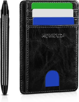 RUNBOX Slim Minimalist RFID Blocking Front Pocket Leather Wallets for Men Women Gift Box Black