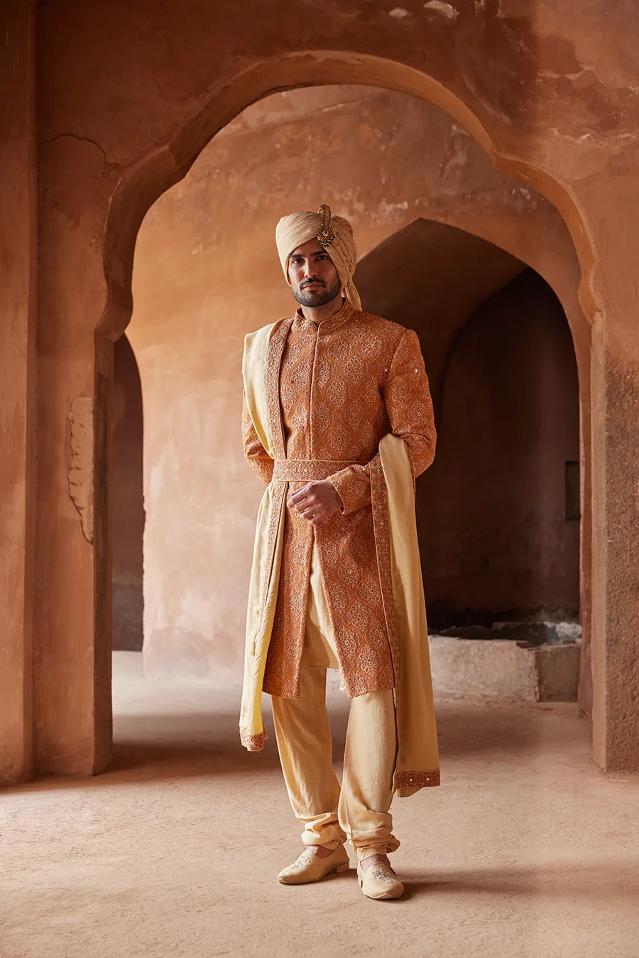 RUST MATKA SILK EMBROIDERED SHERWANI  KURTA CHURIDAR SET