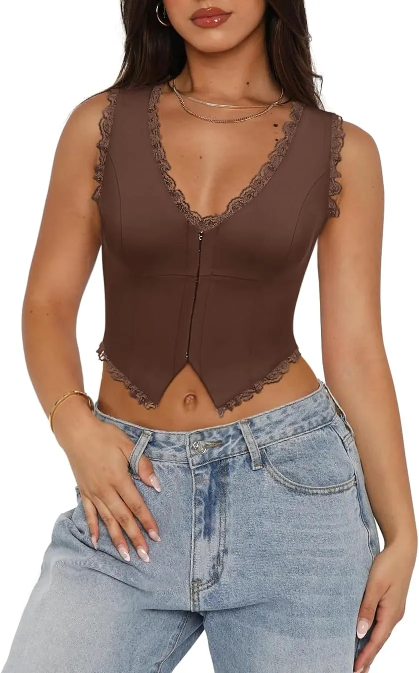 Sexy Lace Top for Women Summer V Neck Sleeveless Y2K Going Out Corset Tank Tops