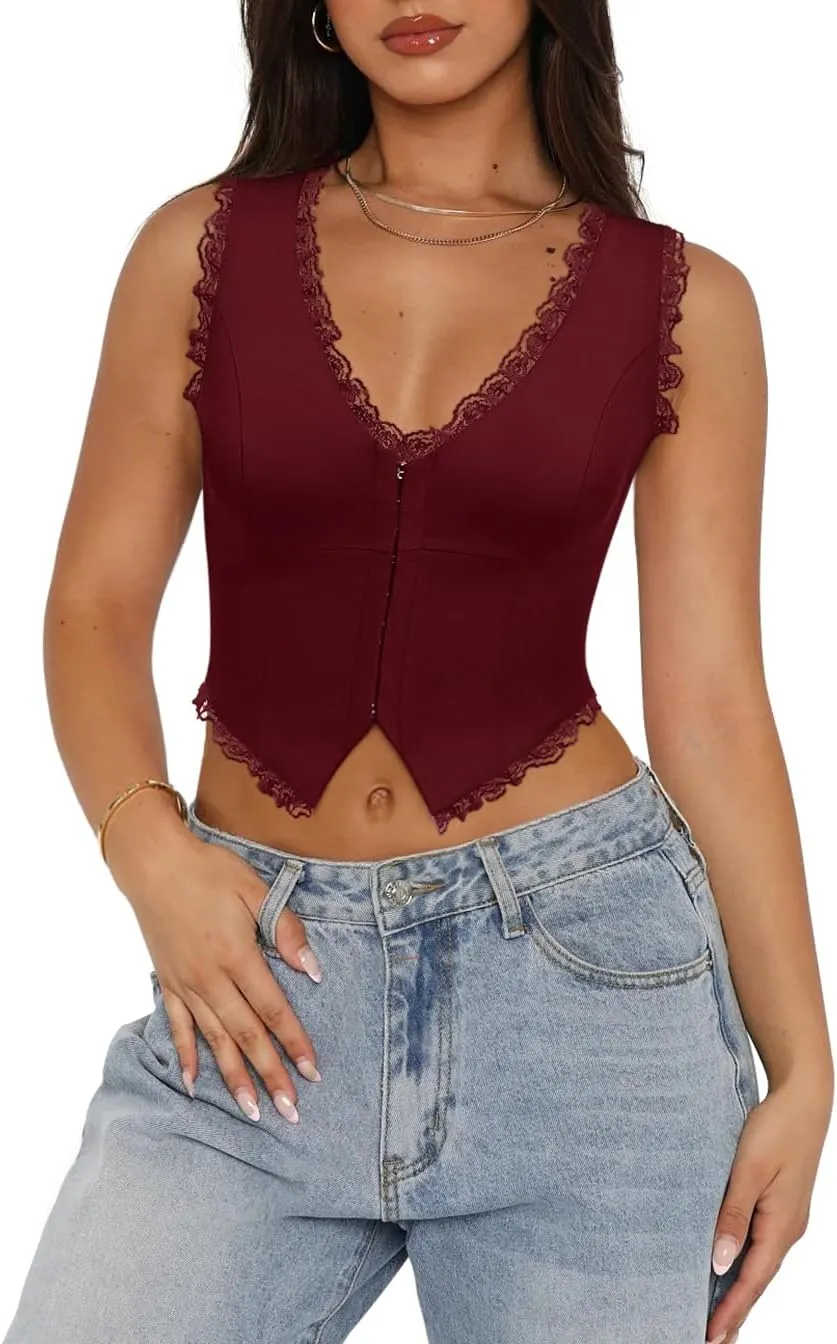 Sexy Lace Top for Women Summer V Neck Sleeveless Y2K Going Out Corset Tank Tops