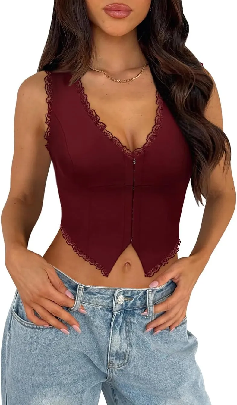 Sexy Lace Top for Women Summer V Neck Sleeveless Y2K Going Out Corset Tank Tops