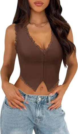 Sexy Lace Top for Women Summer V Neck Sleeveless Y2K Going Out Corset Tank Tops