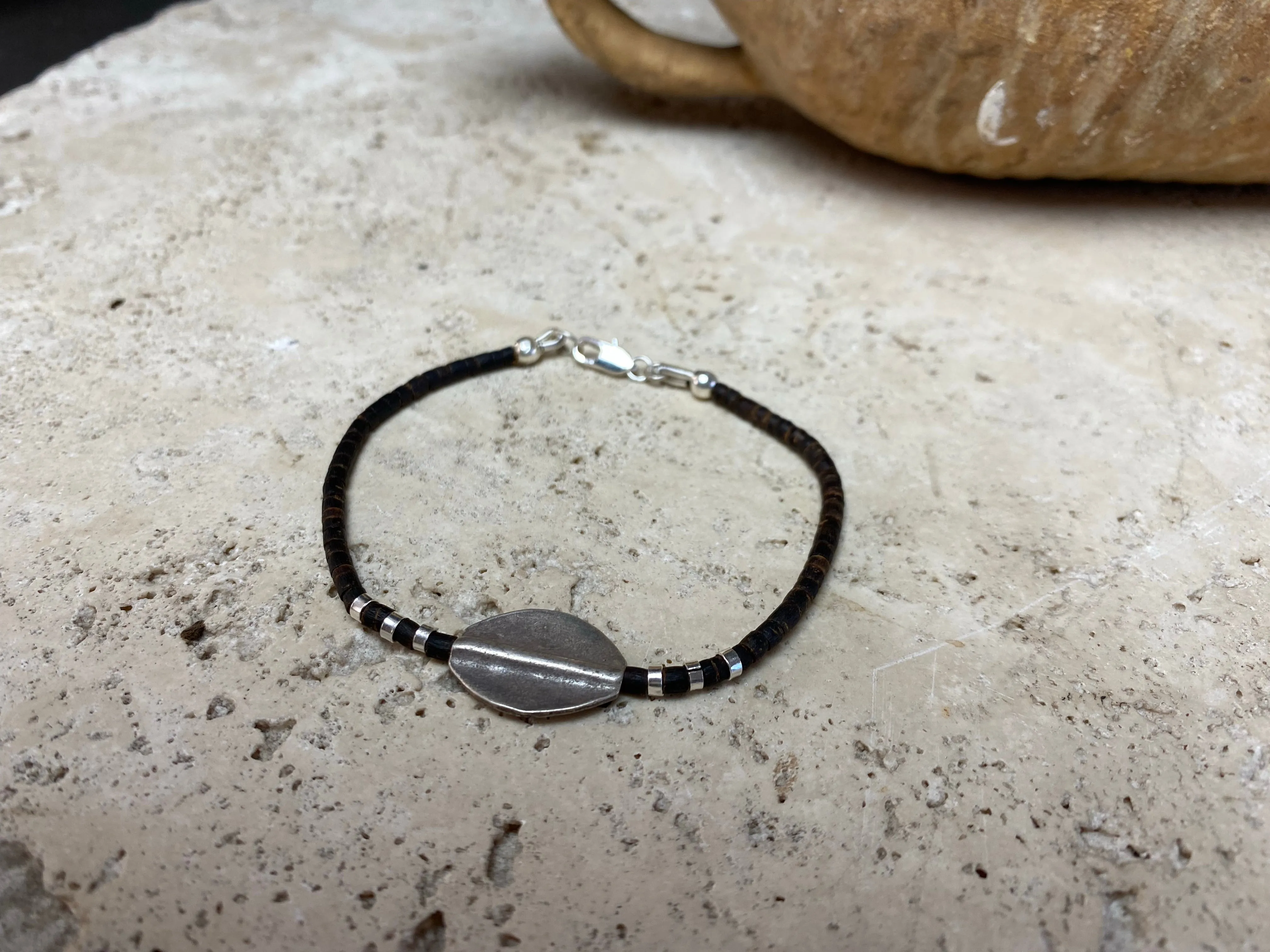 Silver and Coconut Wood Bracelet - Leaf Bead