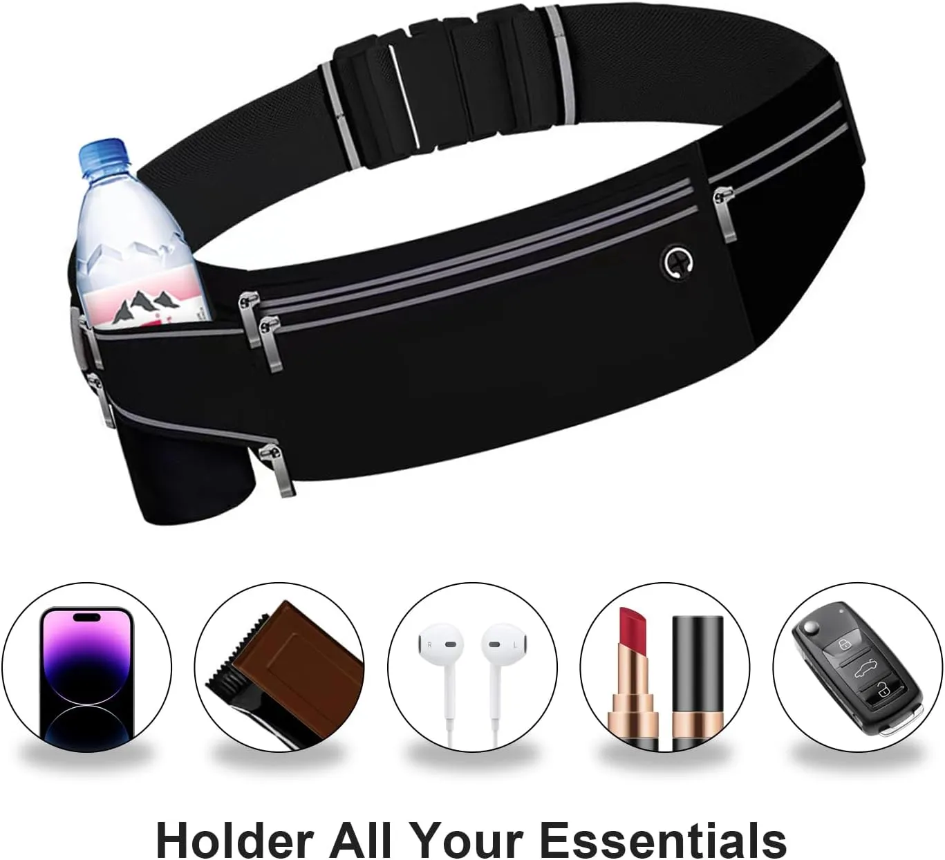 Slim Running Belt for Women Men,Runners Fanny Pack Phone Holder,Money Belt,Running Gear Accessories,with 3 Pockets (Jet Black)