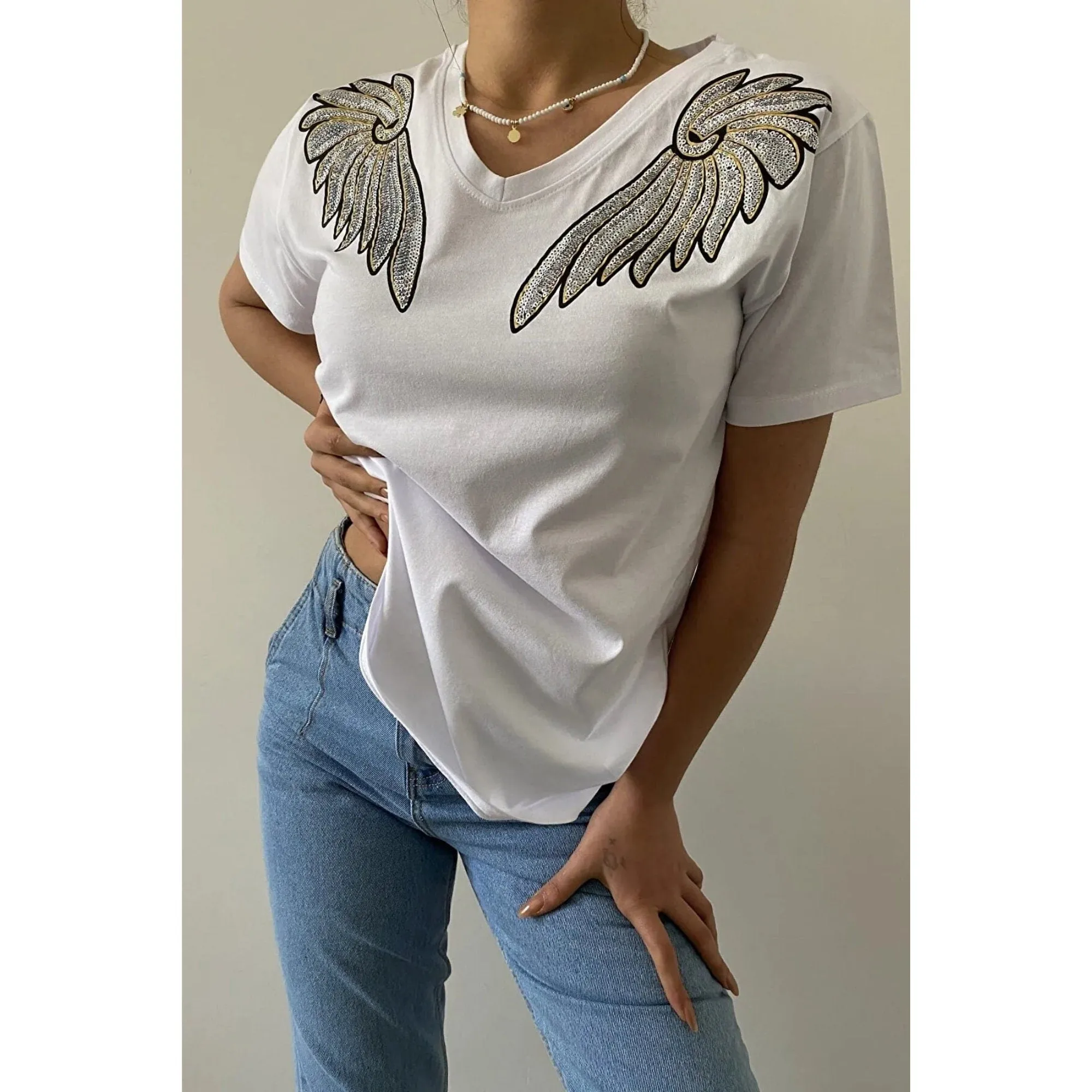 V-Neck Angel Wing Sequin Embroidered Cotton T-Shirt, Cotton Blouse,Vintage T-Shirt, Gift For Her, Boho T-shirt,Woman Shirts 1