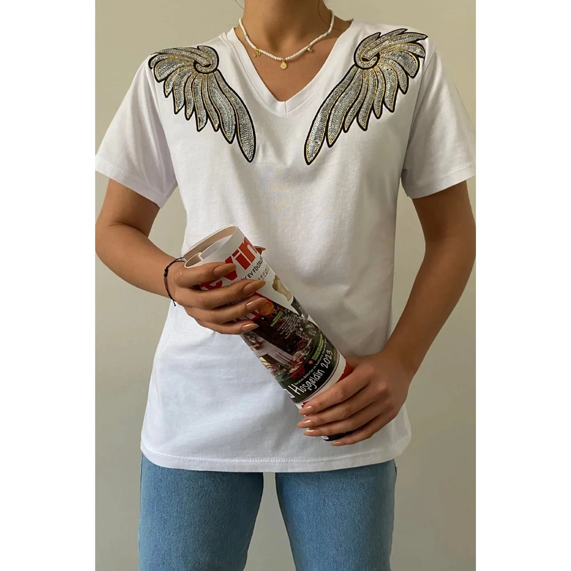 V-Neck Angel Wing Sequin Embroidered Cotton T-Shirt, Cotton Blouse,Vintage T-Shirt, Gift For Her, Boho T-shirt,Woman Shirts 1