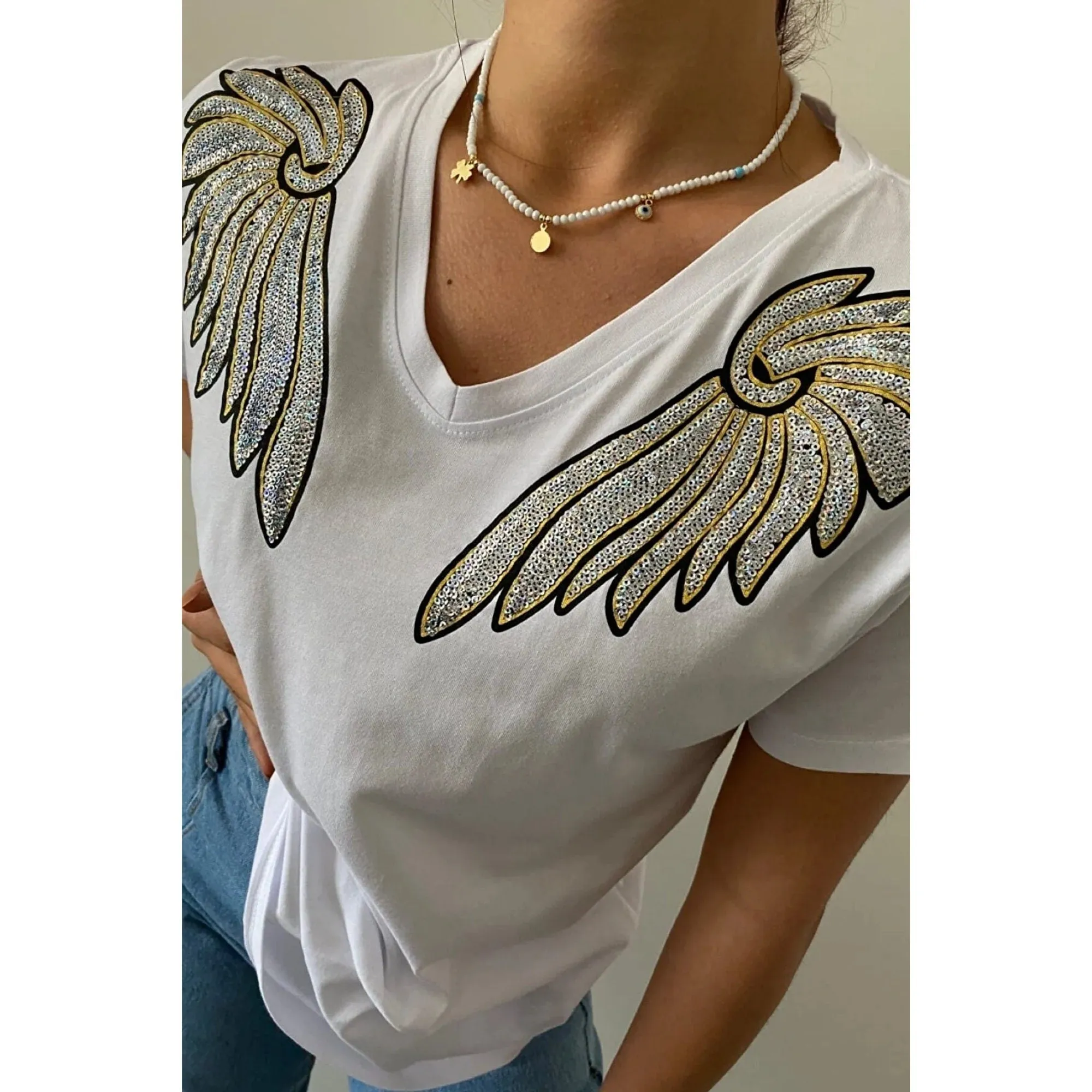 V-Neck Angel Wing Sequin Embroidered Cotton T-Shirt, Cotton Blouse,Vintage T-Shirt, Gift For Her, Boho T-shirt,Woman Shirts 1