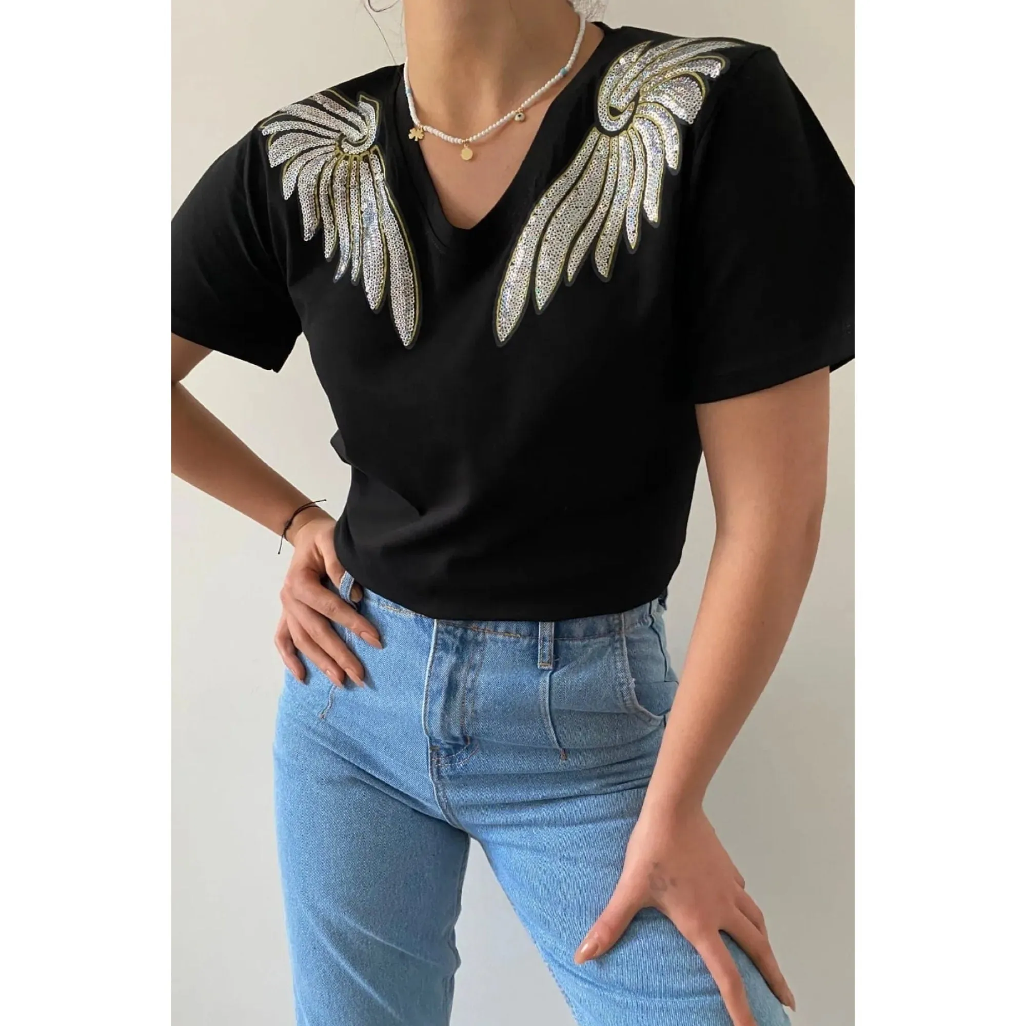 V-Neck Angel Wing Sequin Embroidered Cotton T-Shirt, Cotton Blouse,Vintage T-Shirt, Gift For Her, Boho T-shirt,Woman Shirts 1