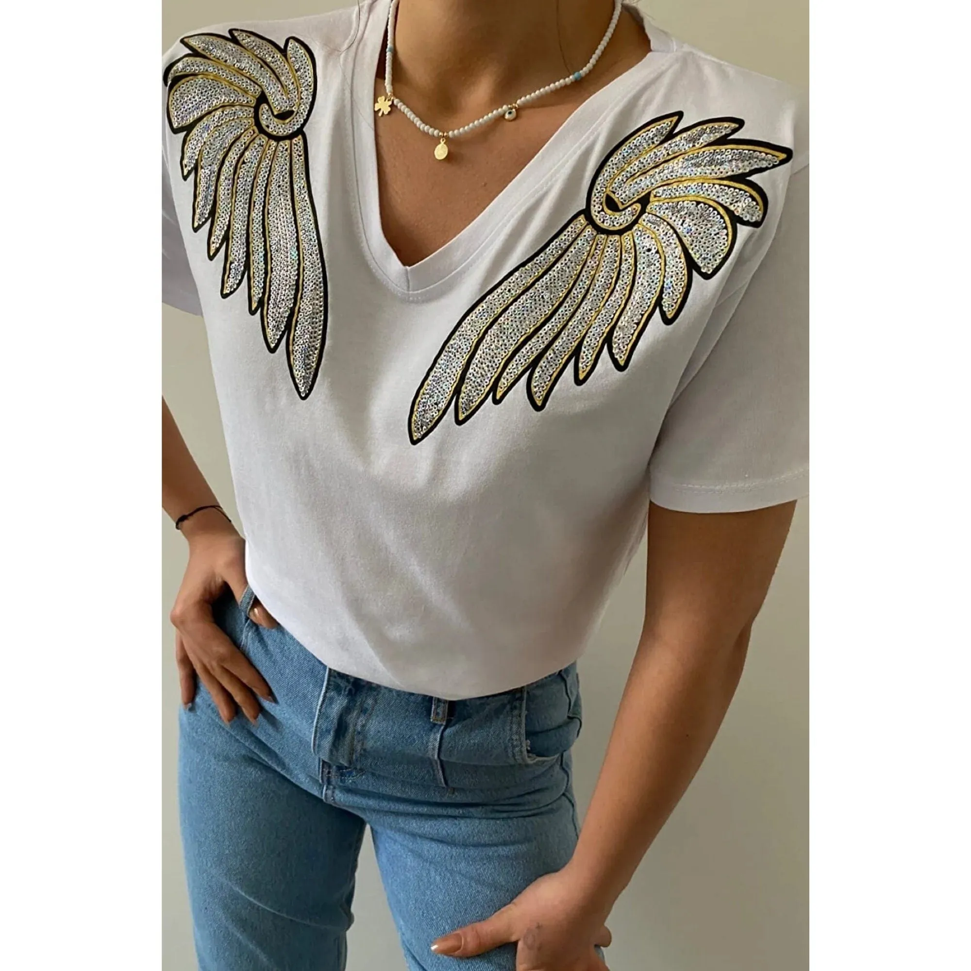 V-Neck Angel Wing Sequin Embroidered Cotton T-Shirt, Cotton Blouse,Vintage T-Shirt, Gift For Her, Boho T-shirt,Woman Shirts 1