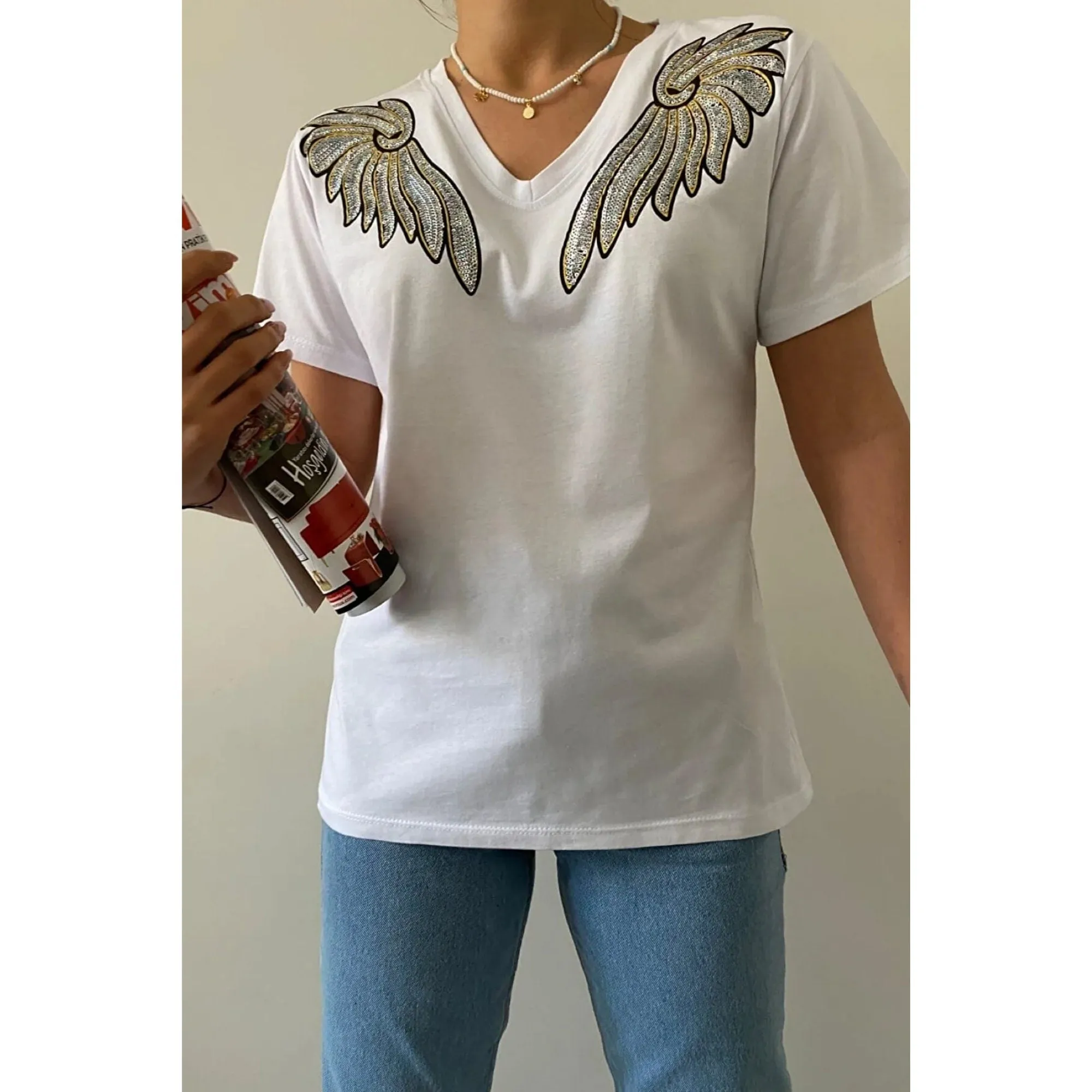 V-Neck Angel Wing Sequin Embroidered Cotton T-Shirt, Cotton Blouse,Vintage T-Shirt, Gift For Her, Boho T-shirt,Woman Shirts 1