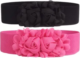 Women's 2 Packs Elastic Corset Waist Belts Stretch Wide Double Rose-Flower for Wedding Dresses