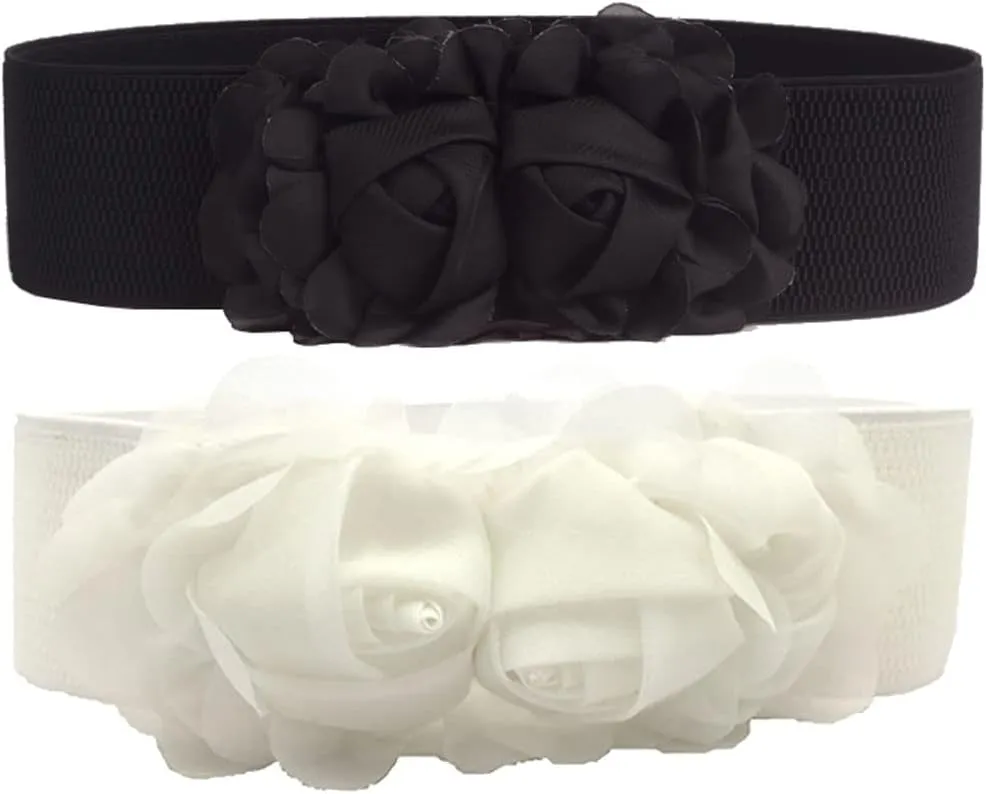 Women's 2 Packs Elastic Corset Waist Belts Stretch Wide Double Rose-Flower for Wedding Dresses